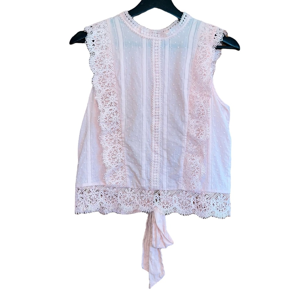 E&M Lace Trim Tank Top Womens L Swiss Dot Sleeveless Blouse Tie Back Pink